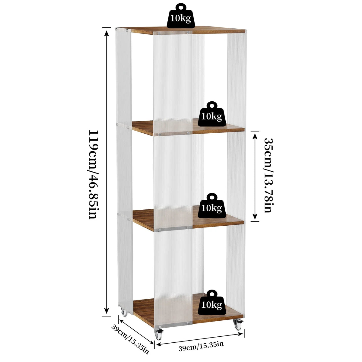 4-Tiered Storage Bookshelf Free Standing Acrylic Panels Storage Rack Shelving Unit on Wheels for Home Organization