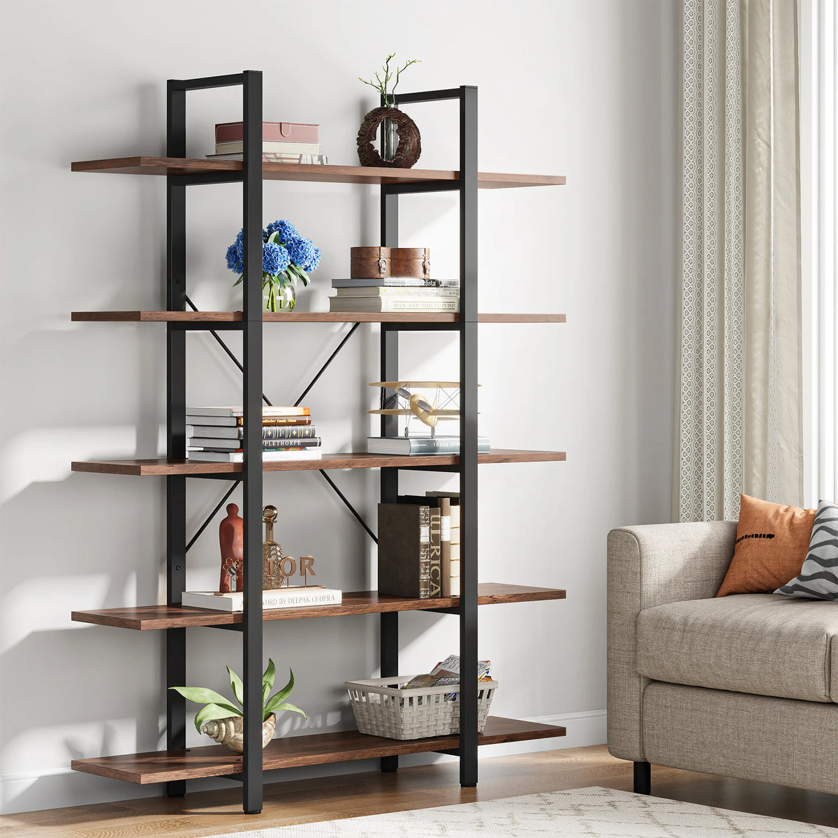 Tribesigns 5-Tier Bookshelf, Vintage Industrial Style Bookcase 72 H x 12 W x 47L Inches