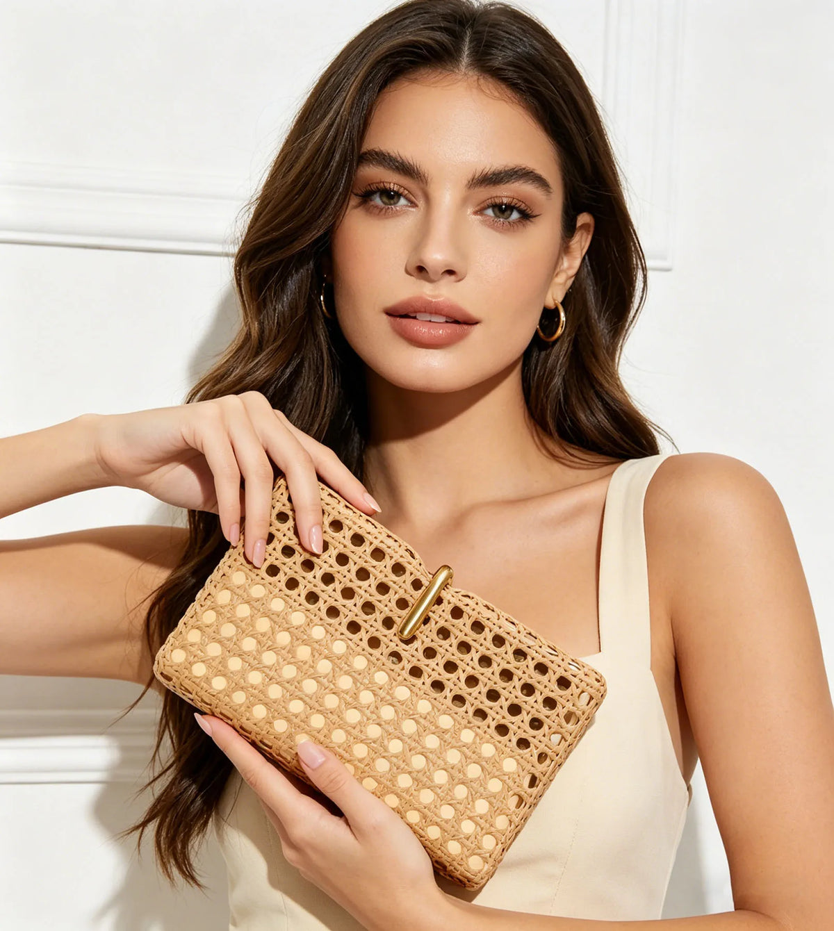 Metallic Rattan Evening Clutch Shoulder Bag Chain Strap
