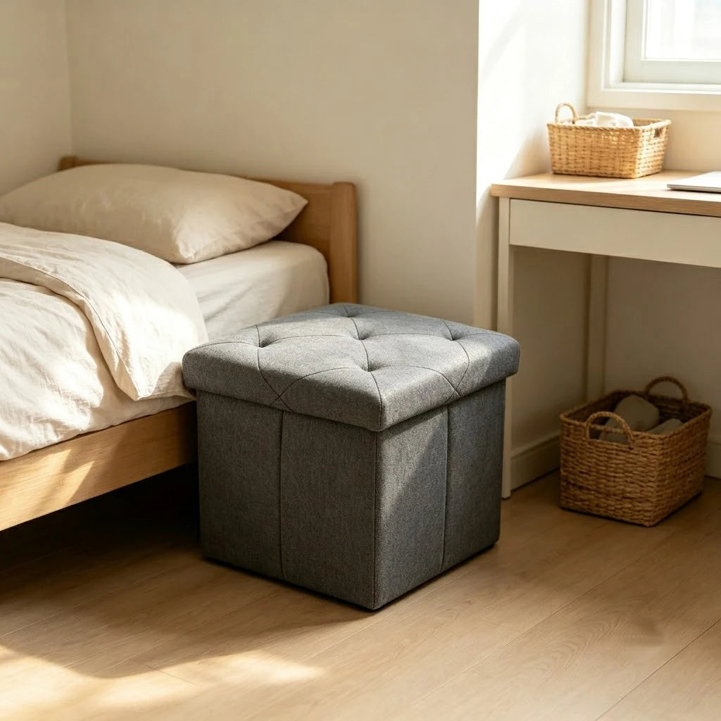 Folding Storage Ottoman Bench and Cube, Gray Tufted Fabric Storage Chest Footrest Seat with 400 lb Capacity for Bedroom Entryway Living Room, Multiple Sizes
