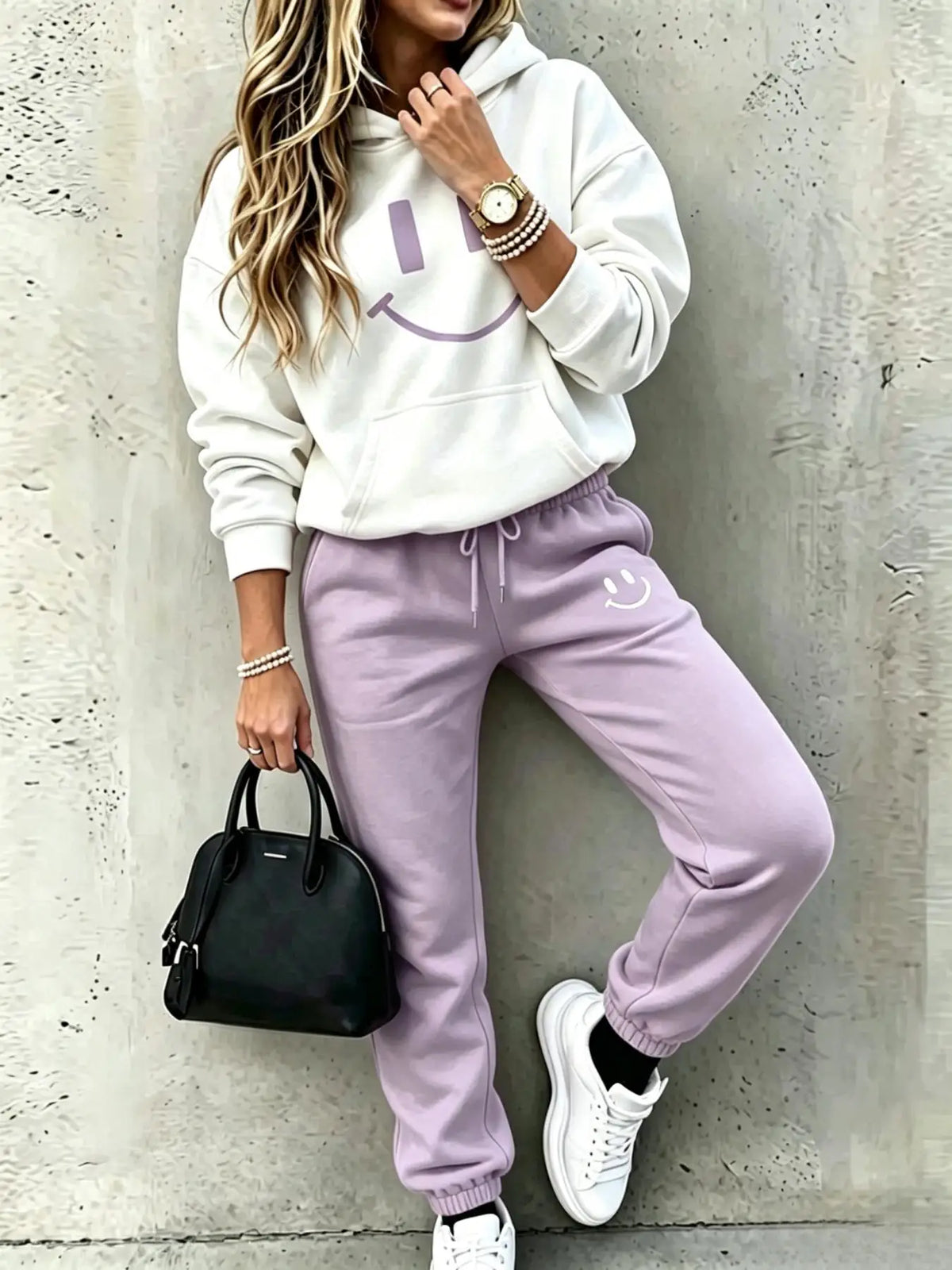 Women Smile Face Print Hoodie Jogger Two Piece Casual Tracksuit
