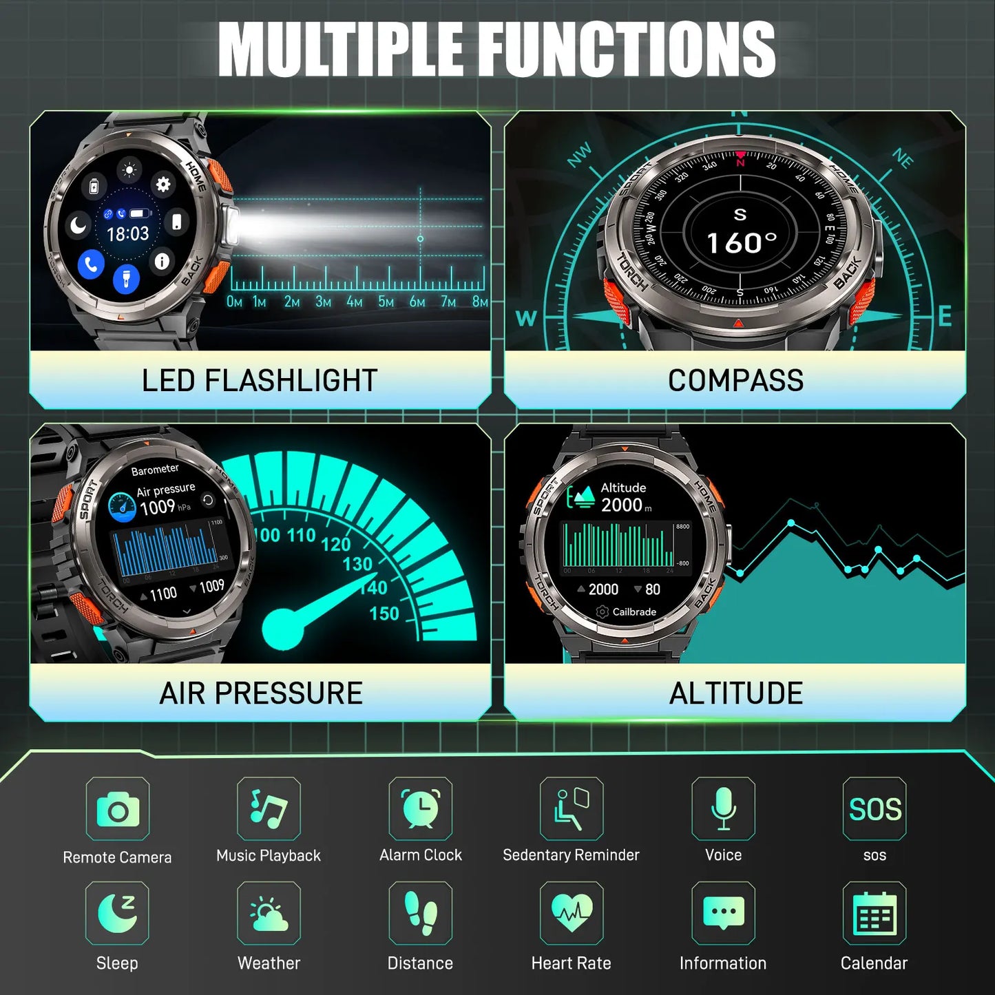 EIGIIS KE5 Smart Watch 3ATM Waterproof Compass Altitude Barometer Flashlight