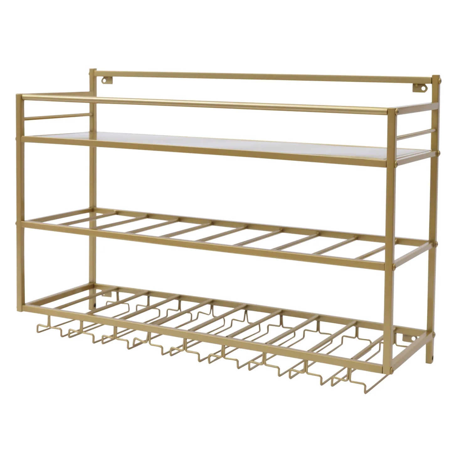 Wine Rack Wall Mounted, 3 Tier Gold Metal Wine Rack 80x25x55cm, 30kg/66lbs Heavy Duty Capacity with Wine Glass Holder, Space Saving Storage for Kitchen Bar Dining Room