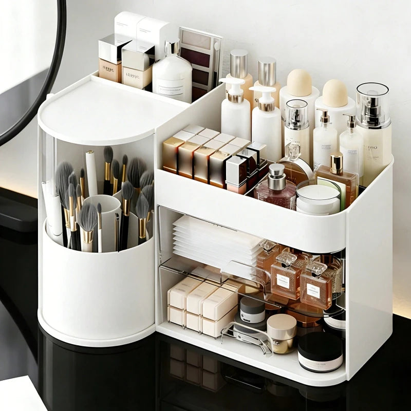2-Tier Rotating Makeup Organizer with Brush Holder, Large Capacity Skincare Storage Box for Bathroom Countertop Vanity Dresser, White