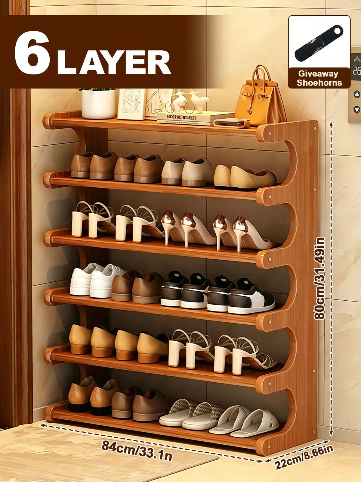 6-Tier Bamboo Shoe Rack for Closet, Freestanding Shoe Organizer Shelf with Elegant Arc Design, Space Saving Entryway Storage Rack, Natural Brown