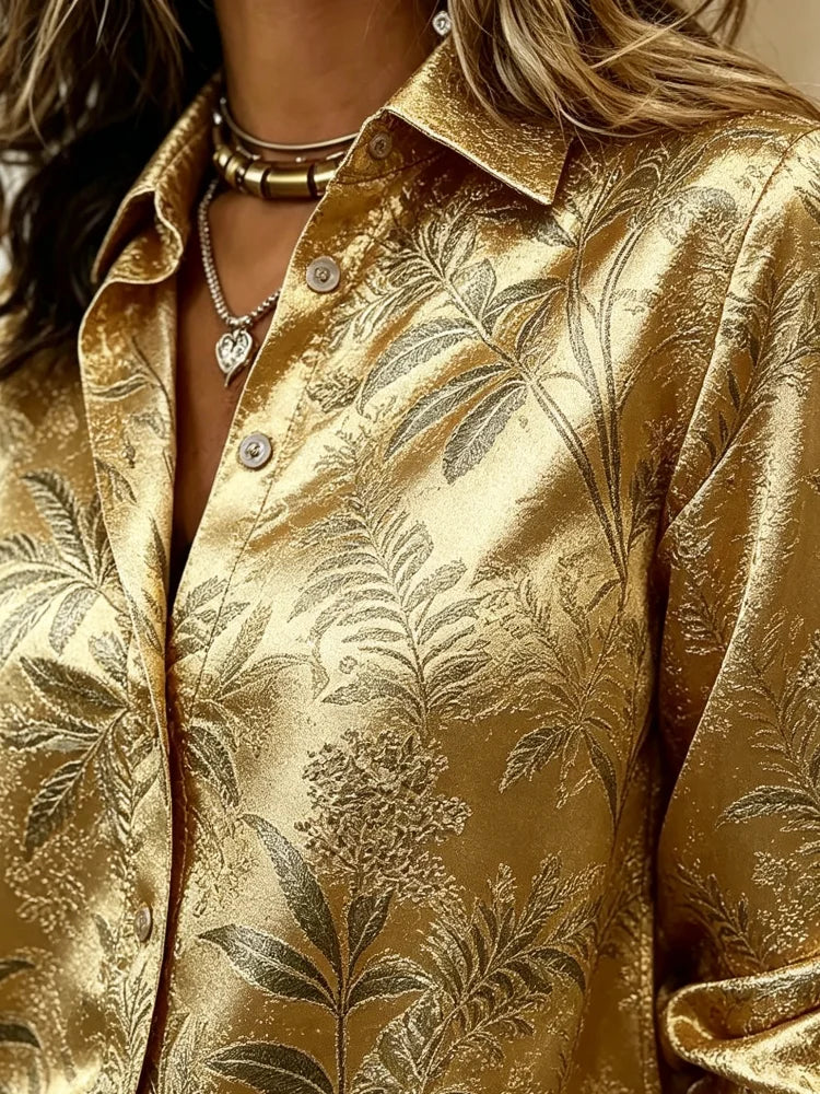 Women Gold Satin Leaf Collar Button Down Shirt