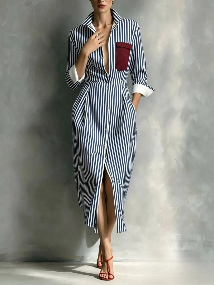 XTOCEAN Women's Striped Collared Button Front Midi Dress – Cuffed Long Sleeve Shirt Dress With Contrast Pocket For Office