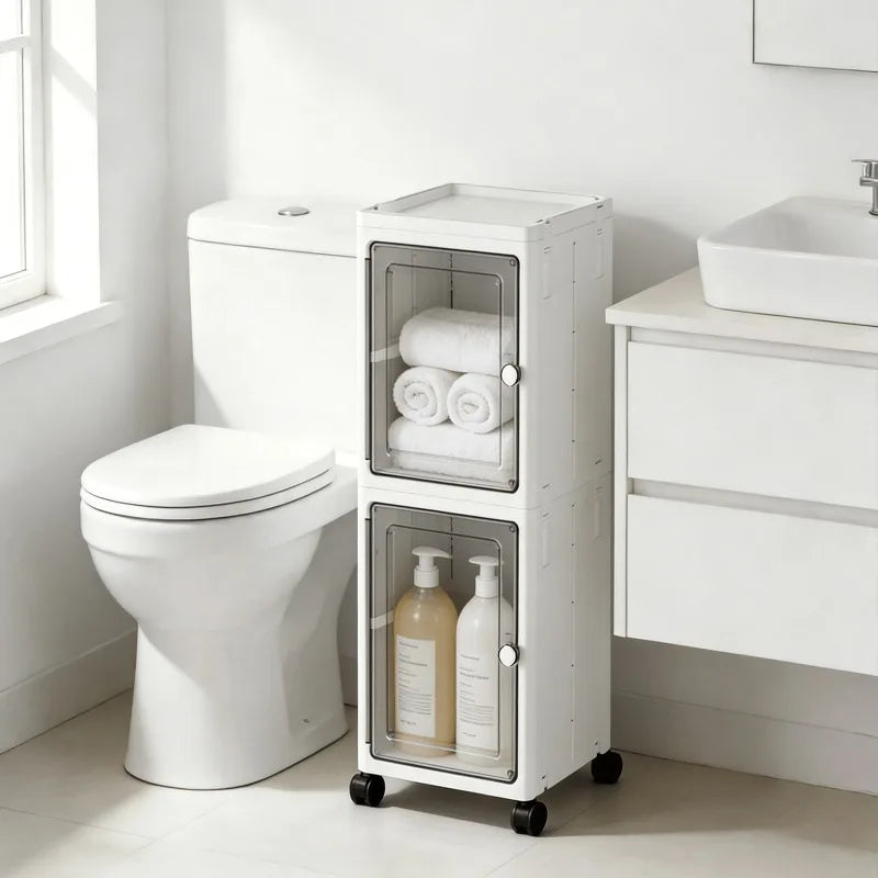 5-Tiers Slim Bathroom Storage Cabinet, Foldable Storage Cabinets,Narrow Bathroom Storage,Movable Bathroom Storage Organizer for Small Spaces,Bathroom,Kitchen,Laundry,White