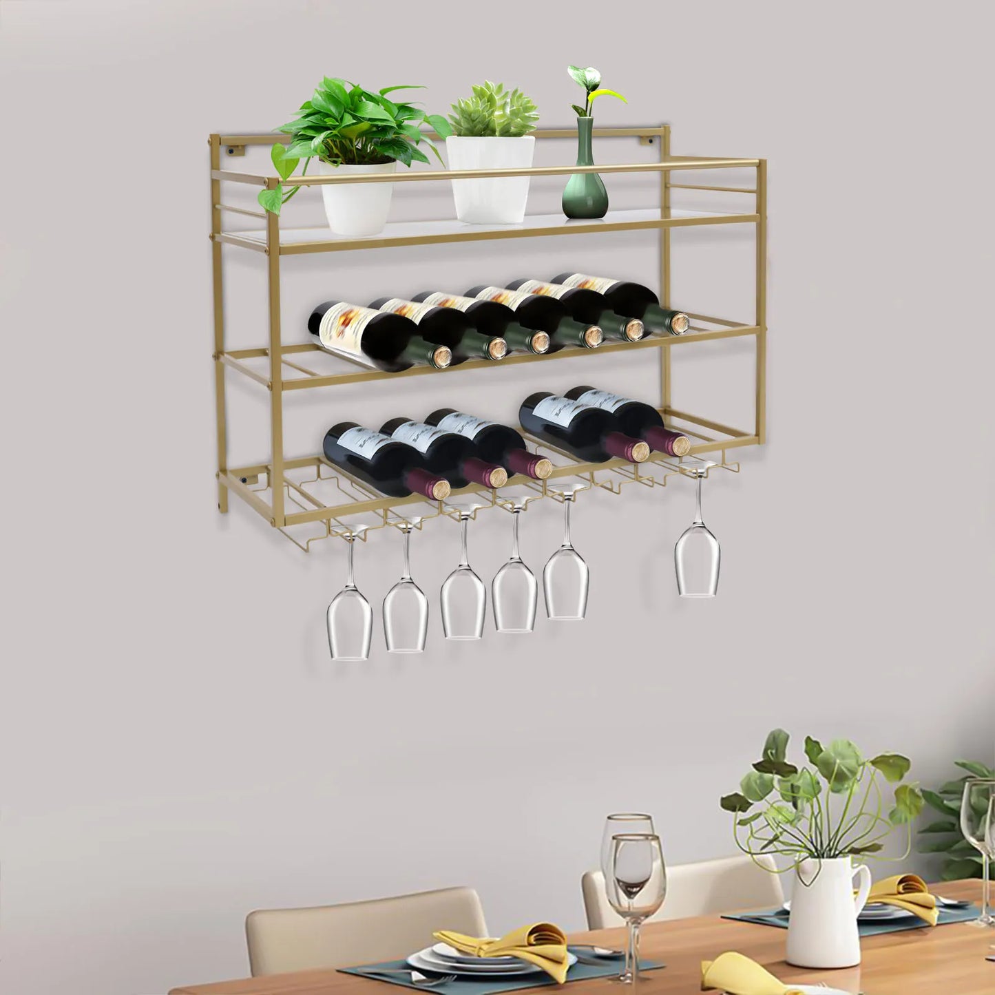 Wine Rack Wall Mounted, 3 Tier Gold Metal Wine Rack 80x25x55cm, 30kg/66lbs Heavy Duty Capacity with Wine Glass Holder, Space Saving Storage for Kitchen Bar Dining Room