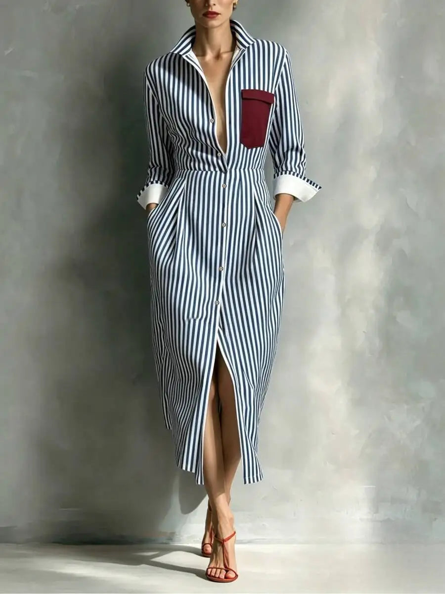 XTOCEAN Women's Striped Collared Button Front Midi Dress – Cuffed Long Sleeve Shirt Dress With Contrast Pocket For Office