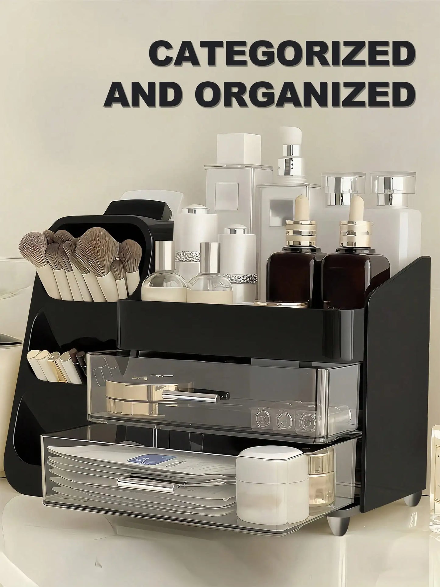 Makeup Organizer with Brush Holder & Drawers, Large Capacity Cosmetic Storage for Vanity Bathroom Countertop, Skincare Lipstick Display Stand