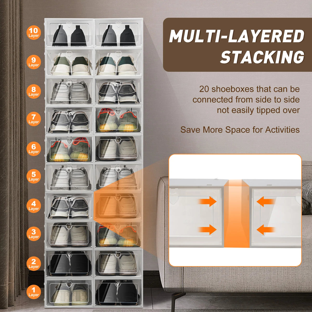 20PCS Stackable Shoe Storage Box Transparent Shoe Organizer Side Flap Design Dust‑proof PP Shoe Case with Heart‑shaped Vent Holes Shoe Organizer for Home Closet