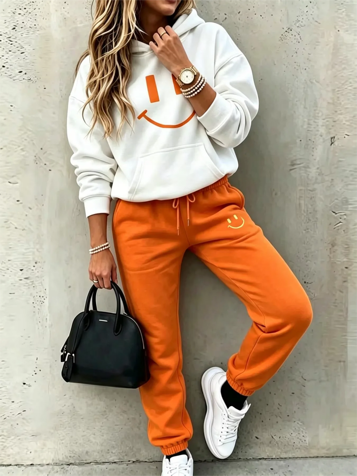 Women Smile Face Print Hoodie Jogger Two Piece Casual Tracksuit