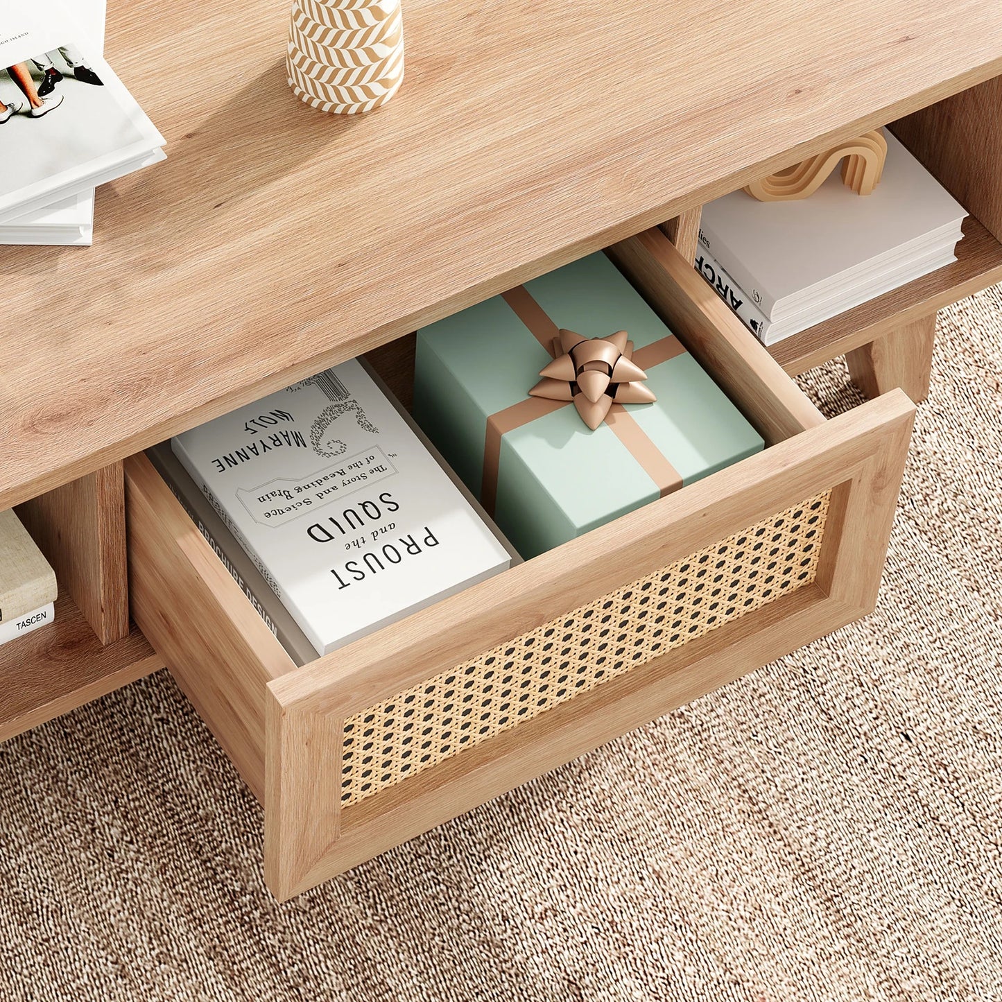 Farini Mid Century Modern Coffee Table with Rattan Drawer, Wood Storage Table for Living Room, Farmhouse Home Furniture