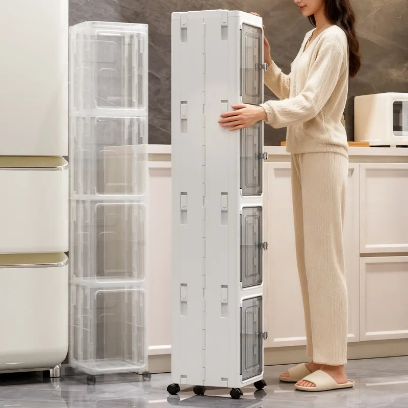 5-Tiers Slim Bathroom Storage Cabinet, Foldable Storage Cabinets,Narrow Bathroom Storage,Movable Bathroom Storage Organizer for Small Spaces,Bathroom,Kitchen,Laundry,White