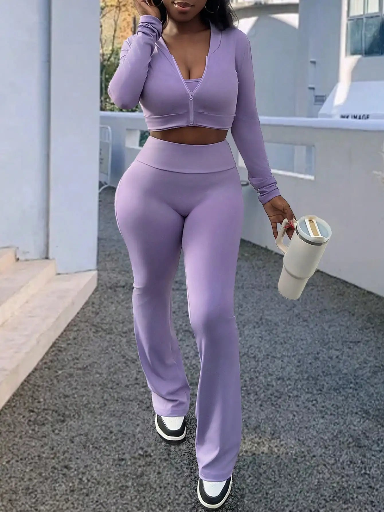3 Piece Women's Sports Top And Flared Pants Set Bundle