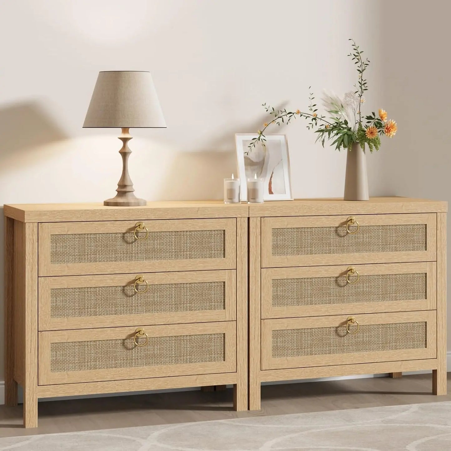 Large White Rattan Nightstands Set of 2, Boho Style with Drawers & Storage Shelf Bedroom Bedside End Table, Custom
