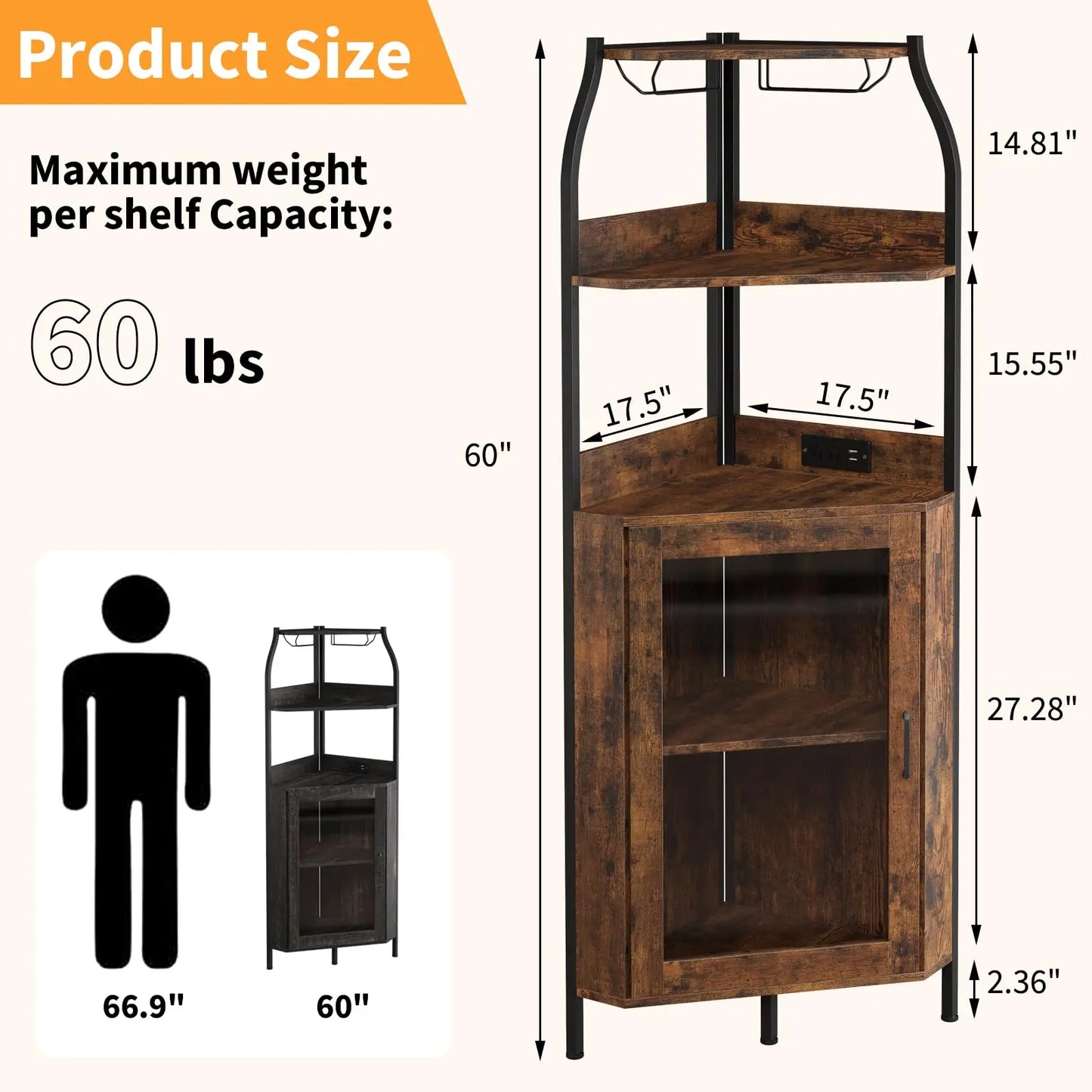 Corner Bar Cabinet With Power Outlet And LED Lights, 5 Tier Industrial Wine Rack, Glass Holder Liquor Storage Display For Small Spaces