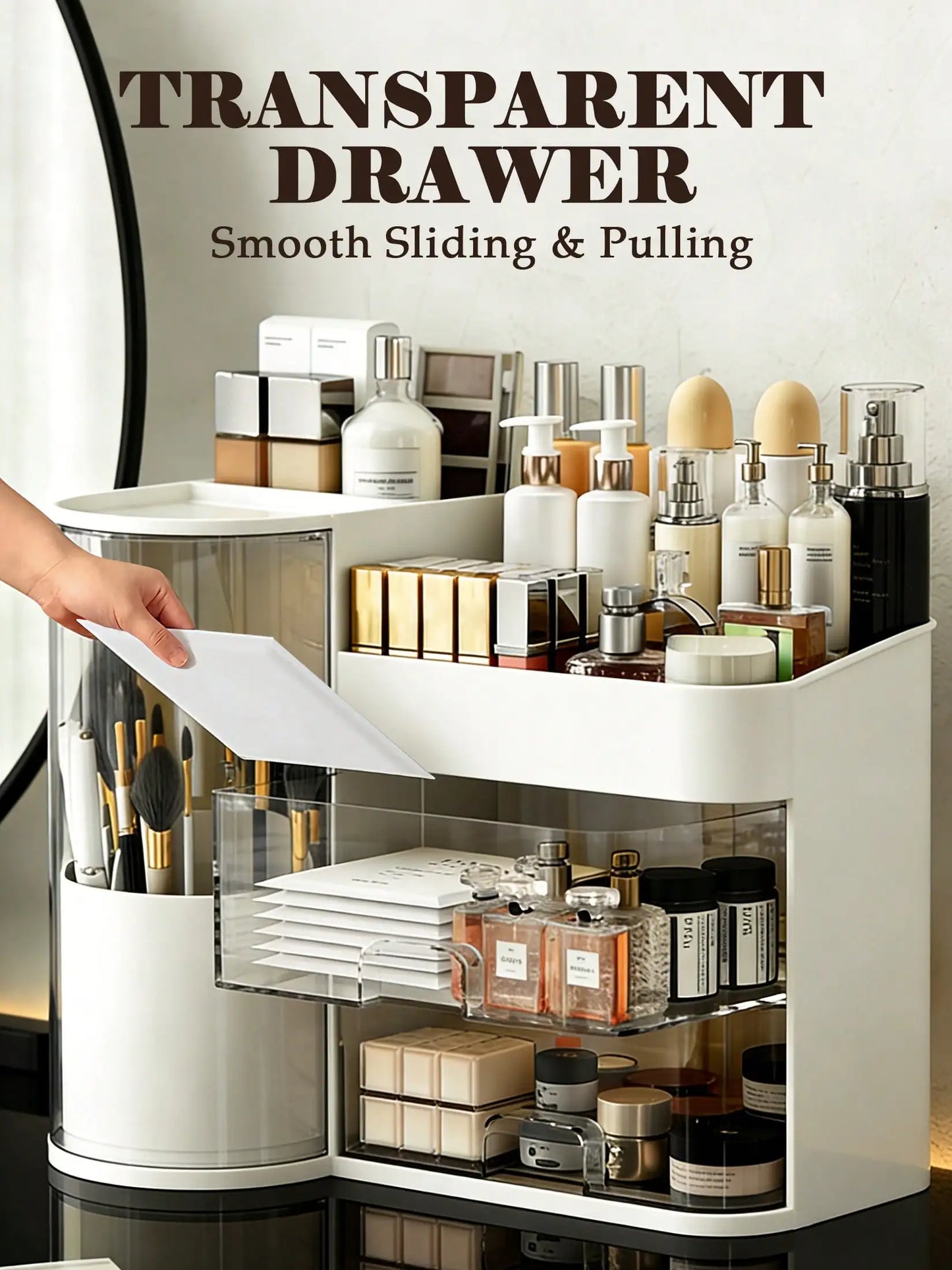 2-Tier Rotating Makeup Organizer with Brush Holder, Large Capacity Skincare Storage Box for Bathroom Countertop Vanity Dresser, White