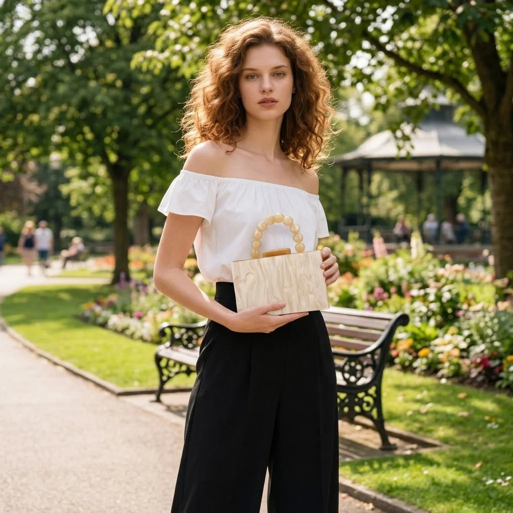 Marble Acrylic Beading Box Clutch Luxury Evening Bag With Chain Strap