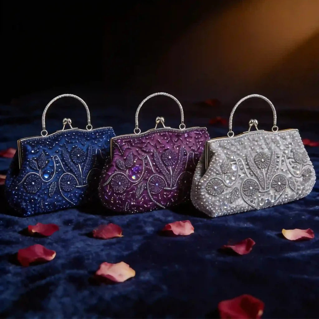Handmade Beaded Floral Evening Clutch Purse With Kiss Lock
