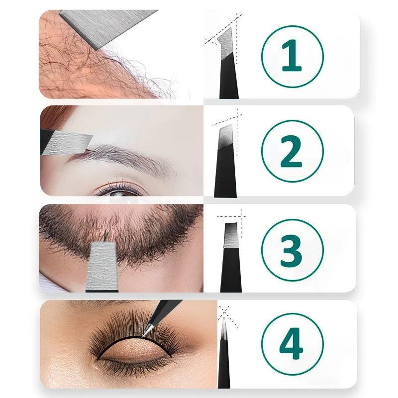 1/4pc Stainless Steel  Eyebrow Tweezers Kit Eyebrow Eyelash Tweezers with Storage Bag Beauty Salon Home Hair Removal Tweezers