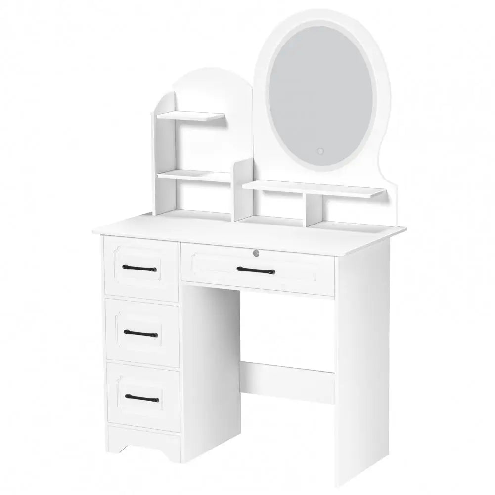 Modern Makeup Vanity Table with Mirror & Lights, Extra Storage Shelves, 4-Drawer Dressing Table, Cosmetic Desk with Organizer
