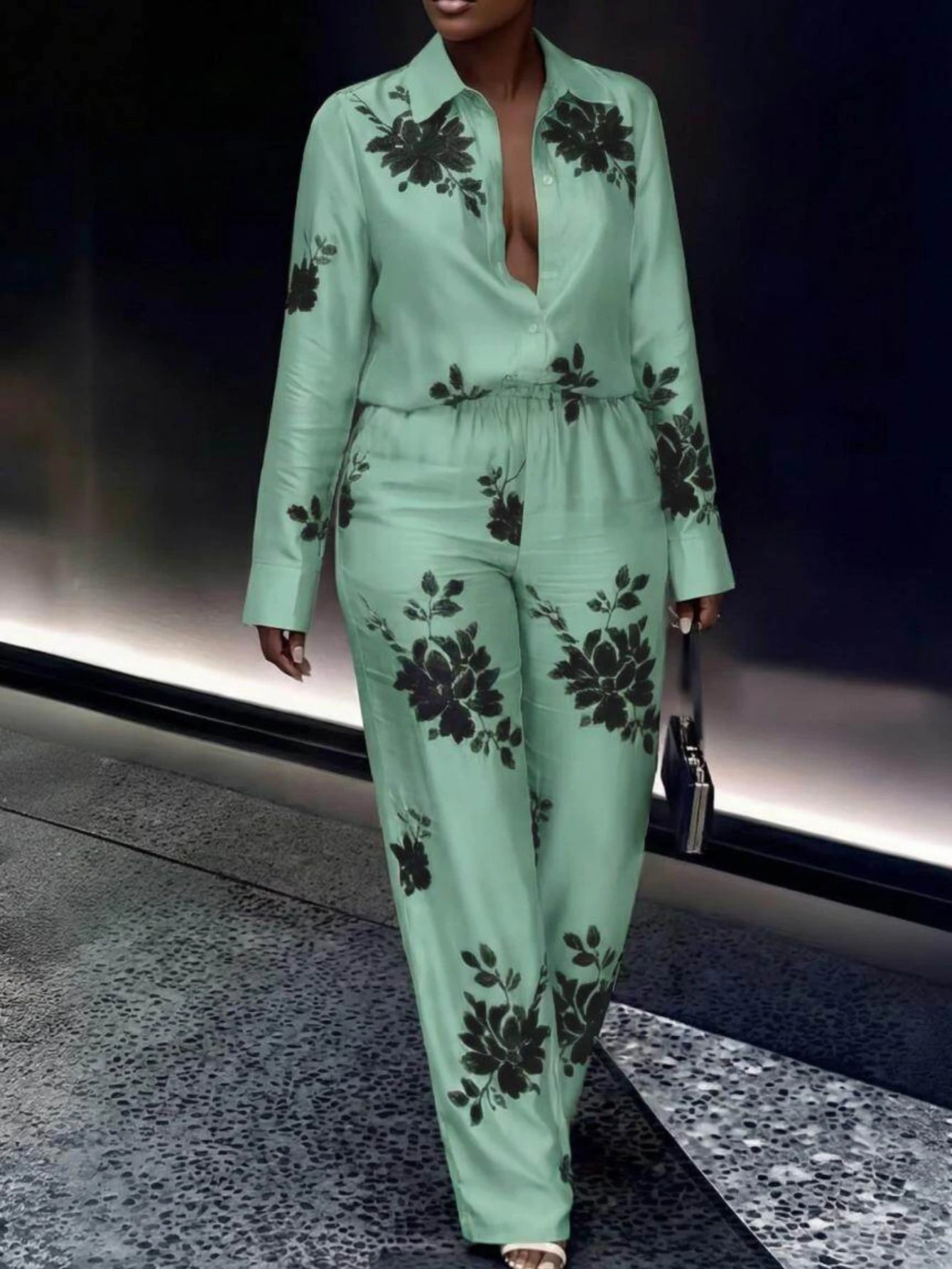 Women Printed Collar Shirt Matching Pants Casual Two Piece Set