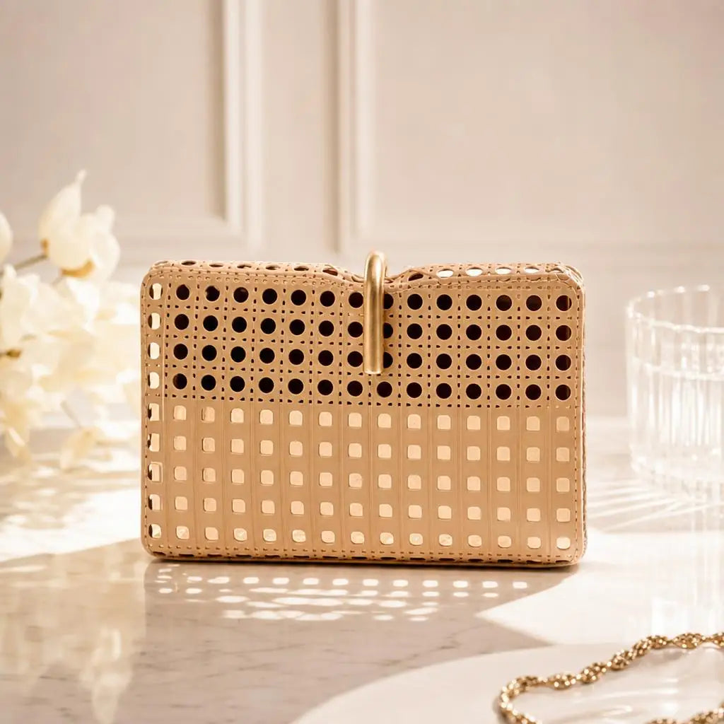 Metallic Rattan Evening Clutch Shoulder Bag Chain Strap
