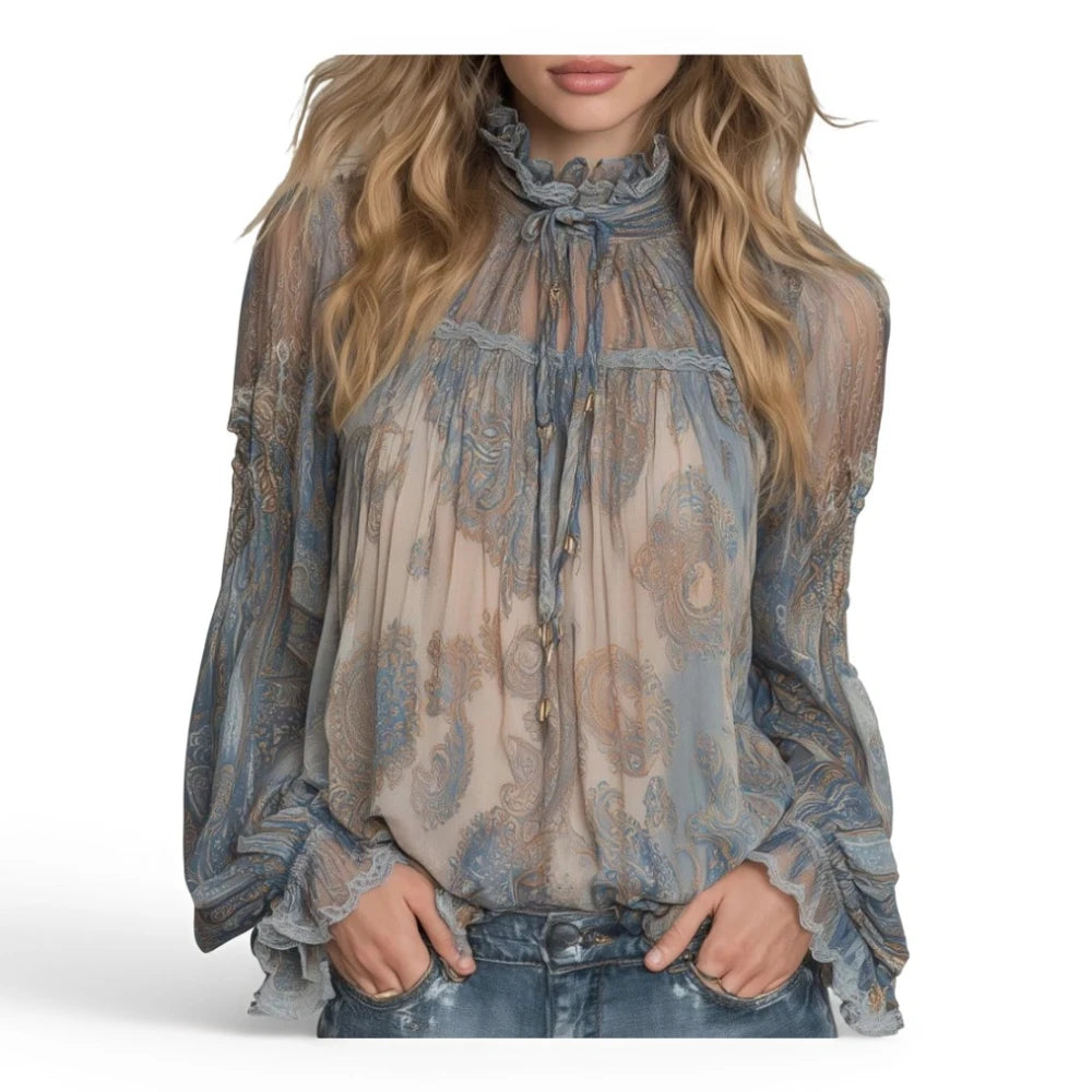 Paisley Print Ruffled High Neck Blouse For Women Tie Front Long Puff Sleeve Ruffle Cuff Loose Casual Shirt