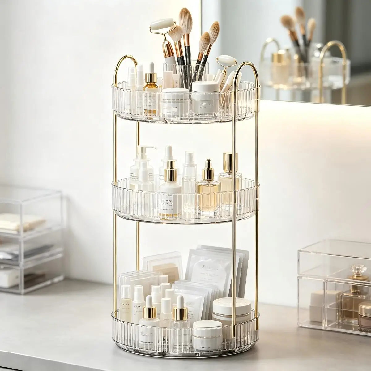 360 Rotating Makeup Organizer,3-2 Tier Large Capacity Make Up Organizers and Storage,Skincare Perfume Vanity Organizers,Bathroom Cosmetics Storage Organizer Countertop(Clear)