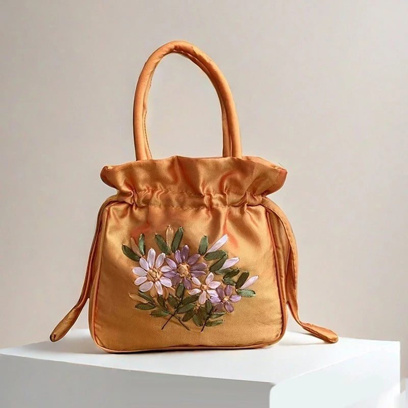 National Style Embroidered Flower Bucket Bag With Drawstring