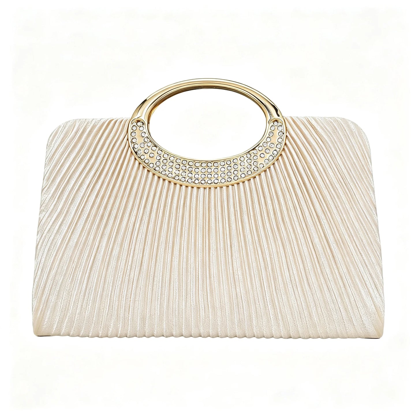 Pleated Rhinestone Metal Ring Handle Clutch With Crossbody Chain