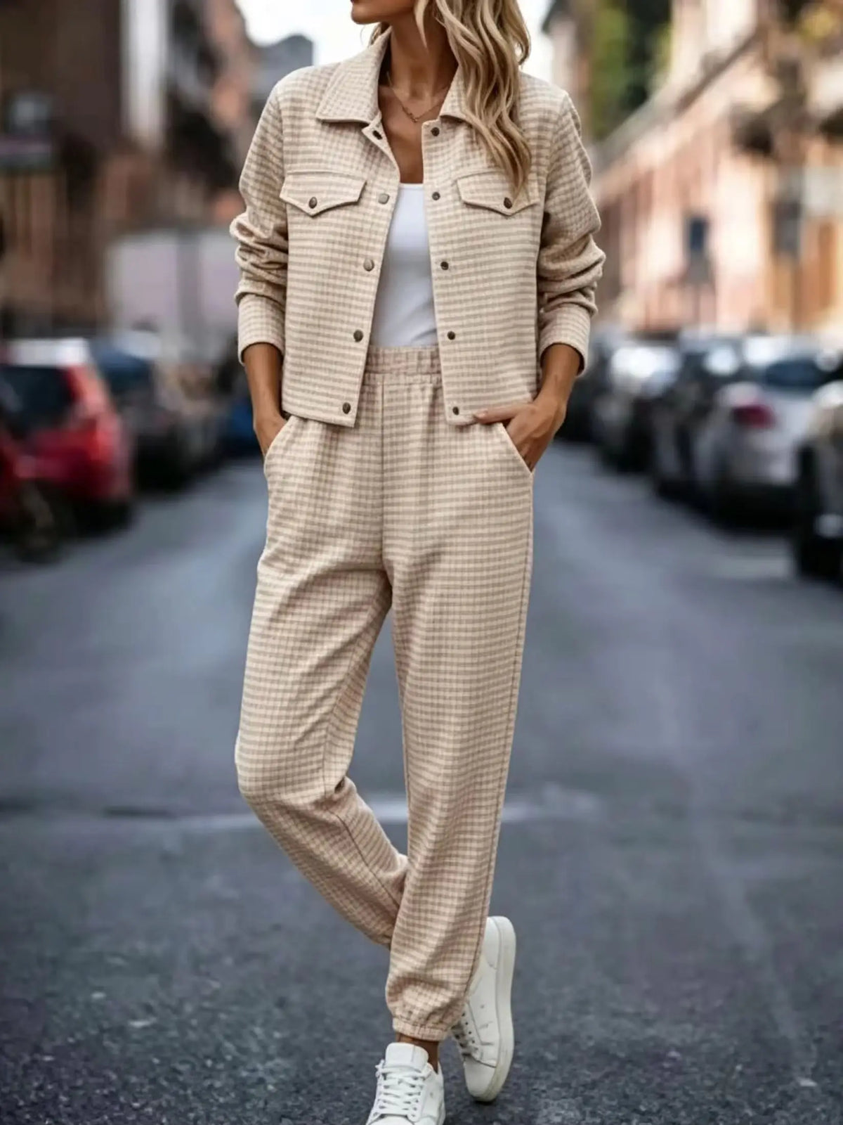 Women's Gingham Plaid Two Piece Set With Cropped Jacket Joggers