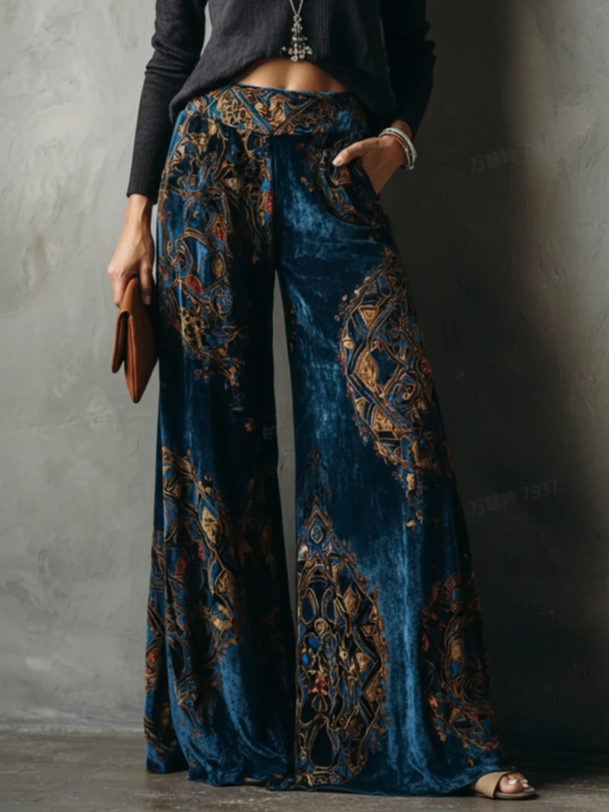 Vintage Geometric Print High Waist Wide Leg Pants For Women Retro Loose Flowy Floor Length Casual Trousers