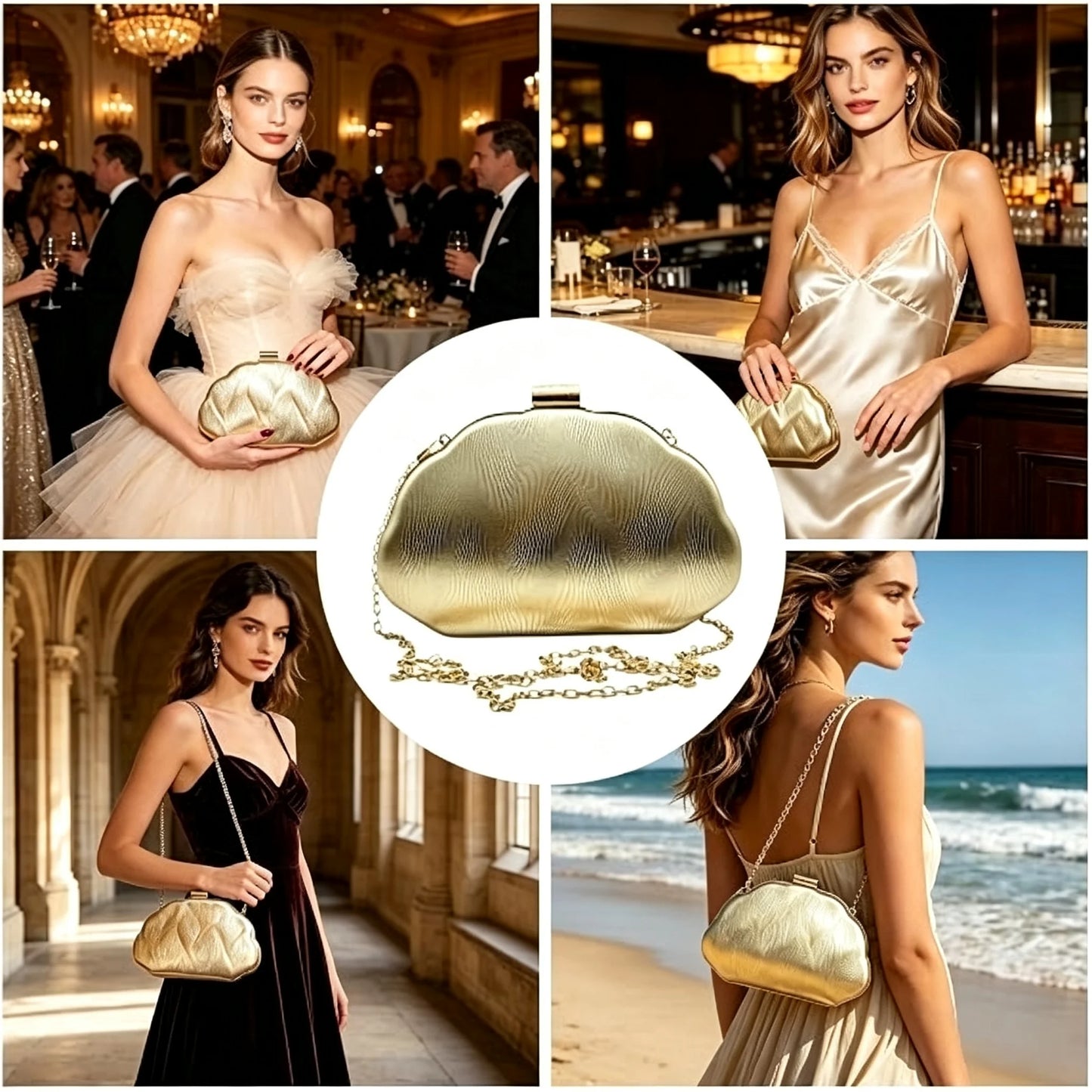 Women Metallic Cloud Shape Evening Clutch Handbag With Chain