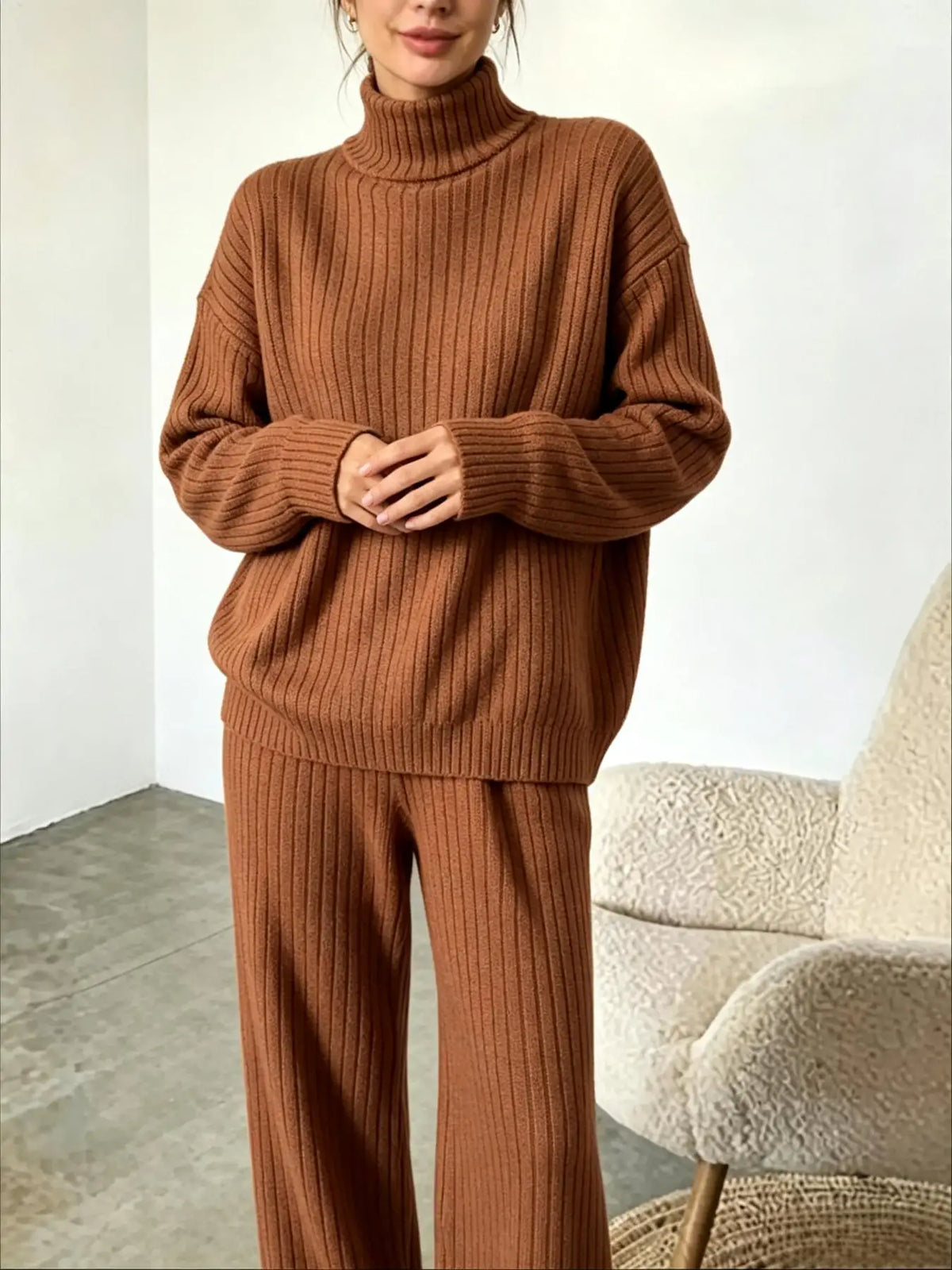 Womens Ribbed Turtleneck Sweater and Wide Leg Pants Set