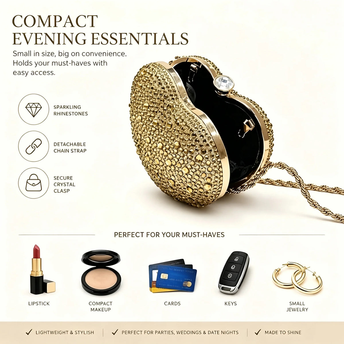 Women Golden Rhinestone Heart Evening Clutch Bag Detachable Chain Shoulder Crossbody Bag Luxury Wedding Bridal Purse Prom Party Cocktail Handbag