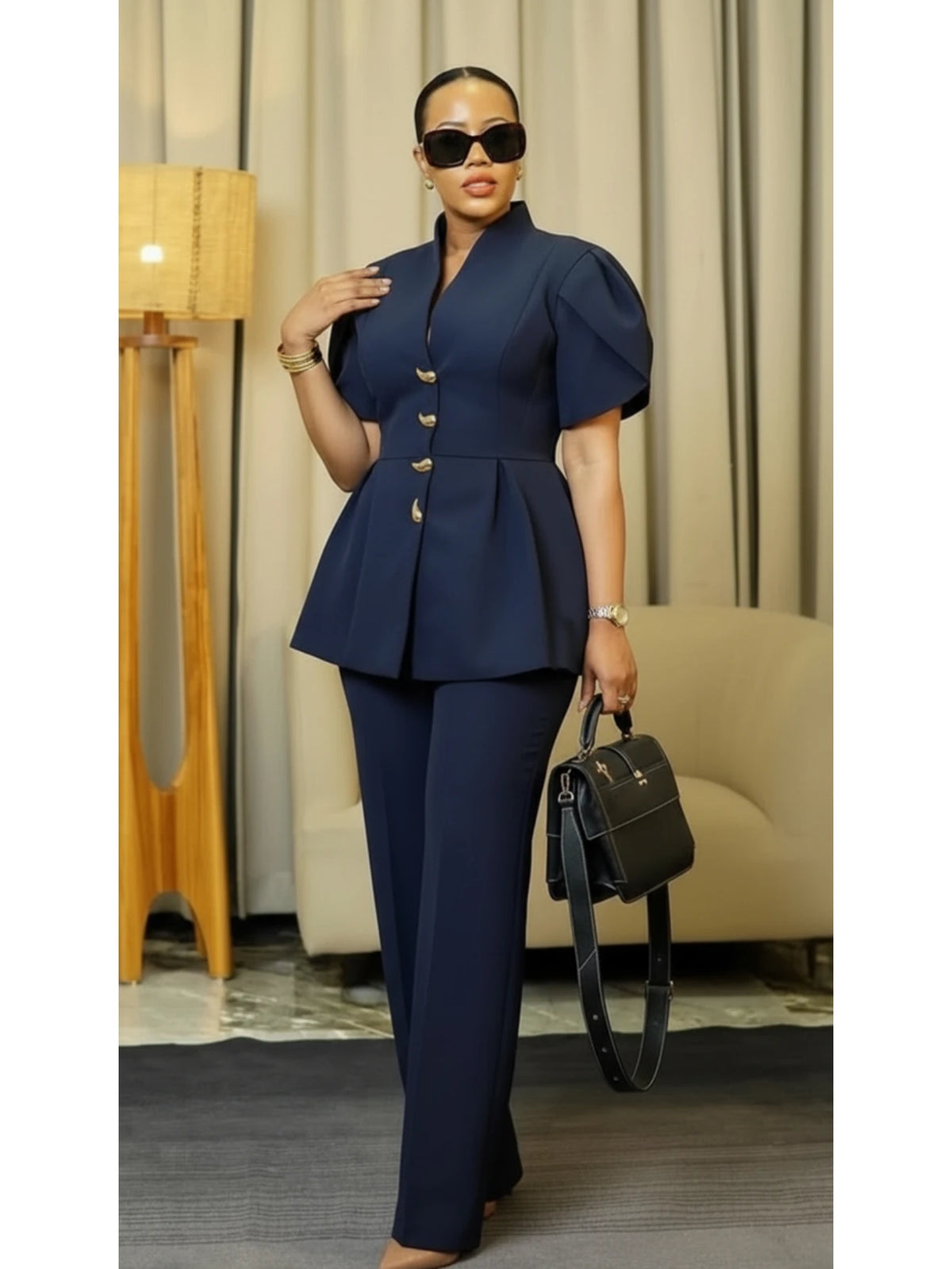 Women Stand Collar Puff Sleeve Peplum Polyester Pants Suit