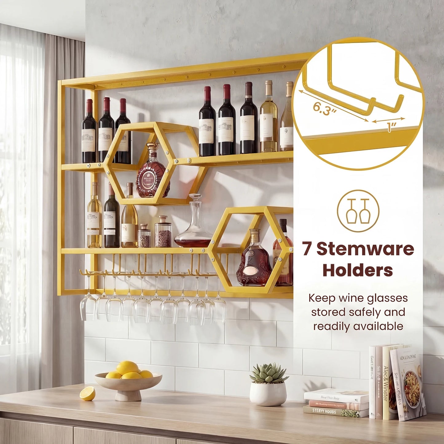 Wall Mounted Wine Rack 47” Large Floating Bar Shelves w/ Glass Holder for Kitchen