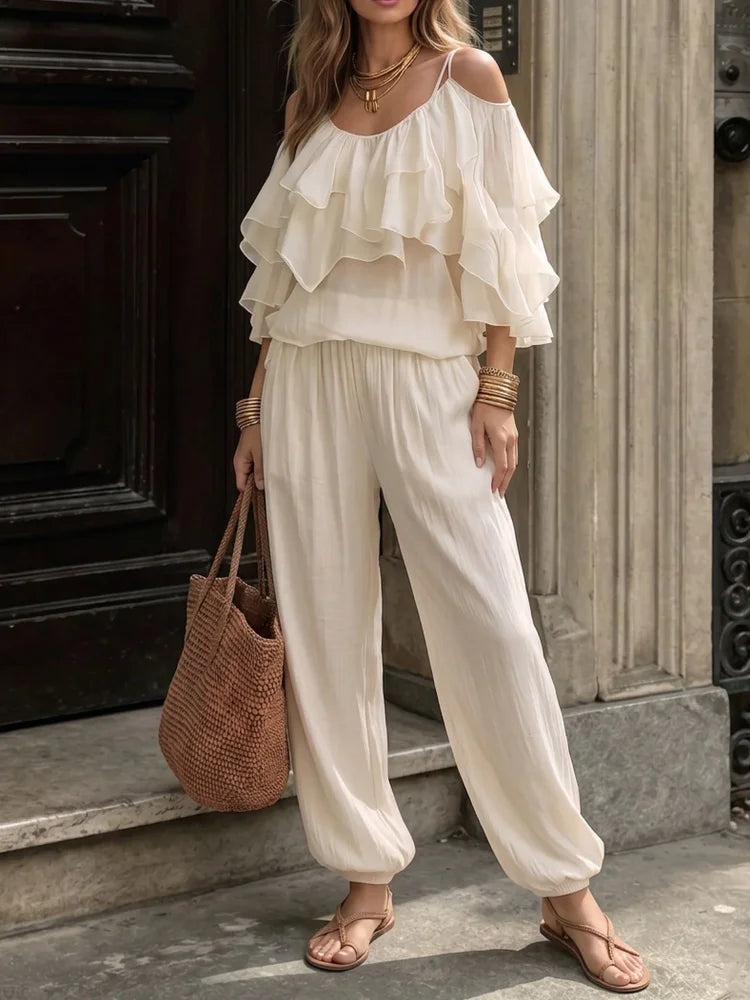 Women Casual Off Shoulder Ruffle Top And Elastic Jogger Pants