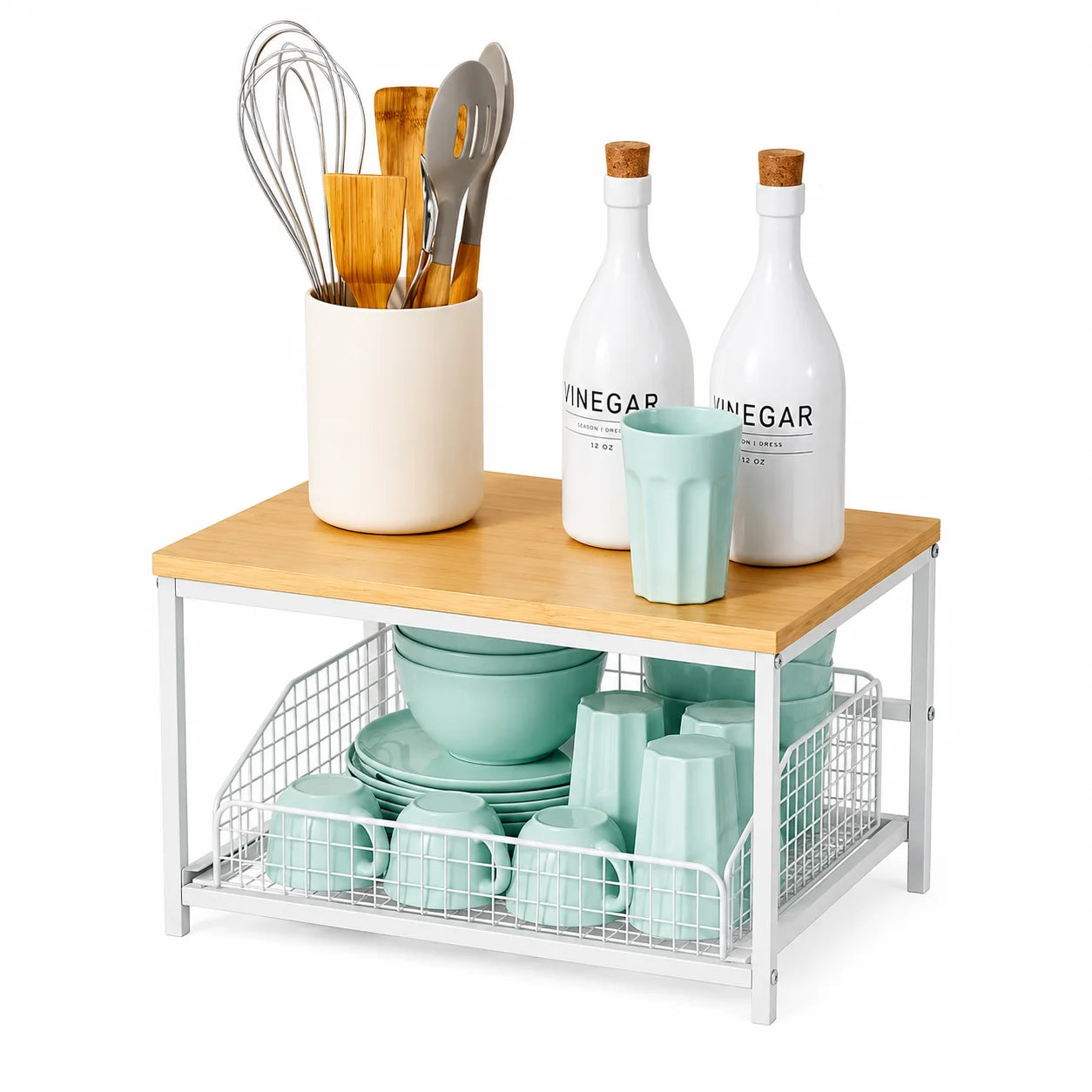Pull Out Kitchen Counter Organizer with Sliding Wire Basket, Rustic Wood Countertop Storage Shelf for Coffee Station, Spice Rack, Pantry & Bathroom Organization