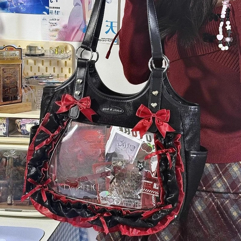 Luxury Design Ruffled Lolita Women Handbags Punk Gothic Bow Underarm Bag Transparent Sweet Lace Shoulder Ita Bags Y2k Aesthetic