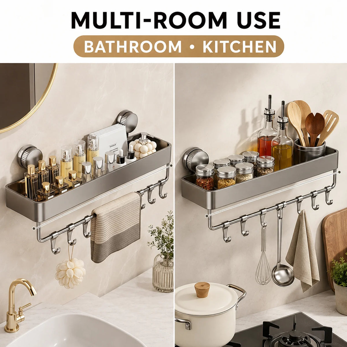 Heavy-Duty Suction Cup Shower Shelf – Wall-Mounted Floating Shelf with Quick-Adhesive Mount; Space-Saving Organizer for Shampoo and Soap; Suitable for Bathtubs, Shower Stalls, and Rentals.