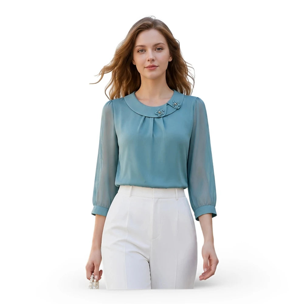 Floral Applique Peter Pan Collar Three Quarter Sheer Sleeve Blouse For Women Elegant Daily Top