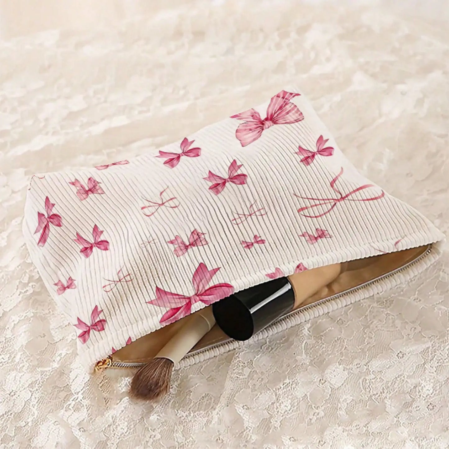 Corduroy Makeup Bag With Bow Pattern Lightweight Zipper Organizer
