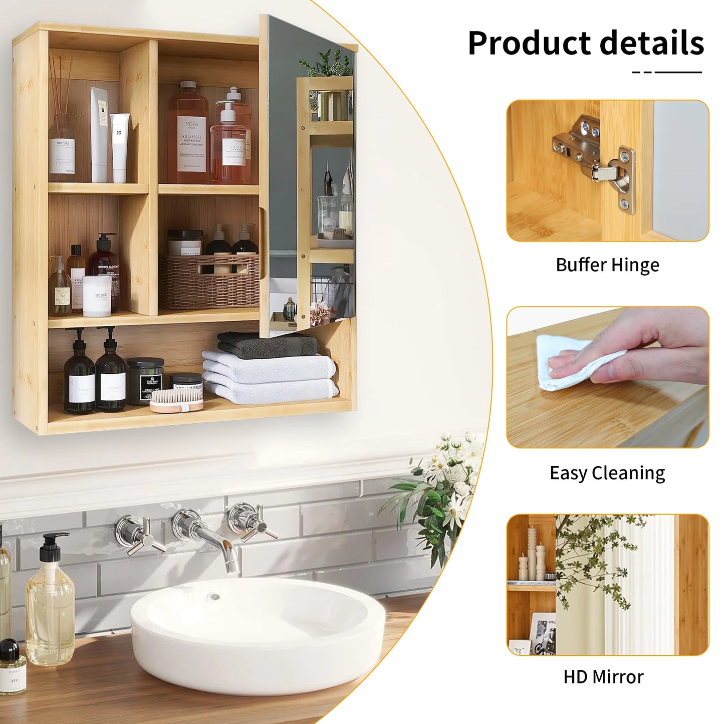 Bathroom Cabinet with Mirror Wall Bamboo Medicine Storage Shelves