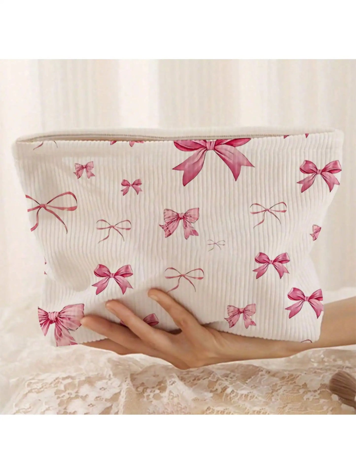 Corduroy Makeup Bag With Bow Pattern Lightweight Zipper Organizer