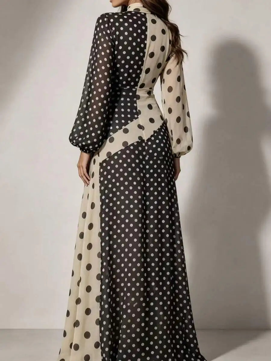 XTOCEAN Black & Beige Colorblock Polka Dot Maxi Dress - Choker Neck Cutout V-Neck Puff Sleeve Sheer Flowy Boho Elegant Evening Party Long Dress For Women