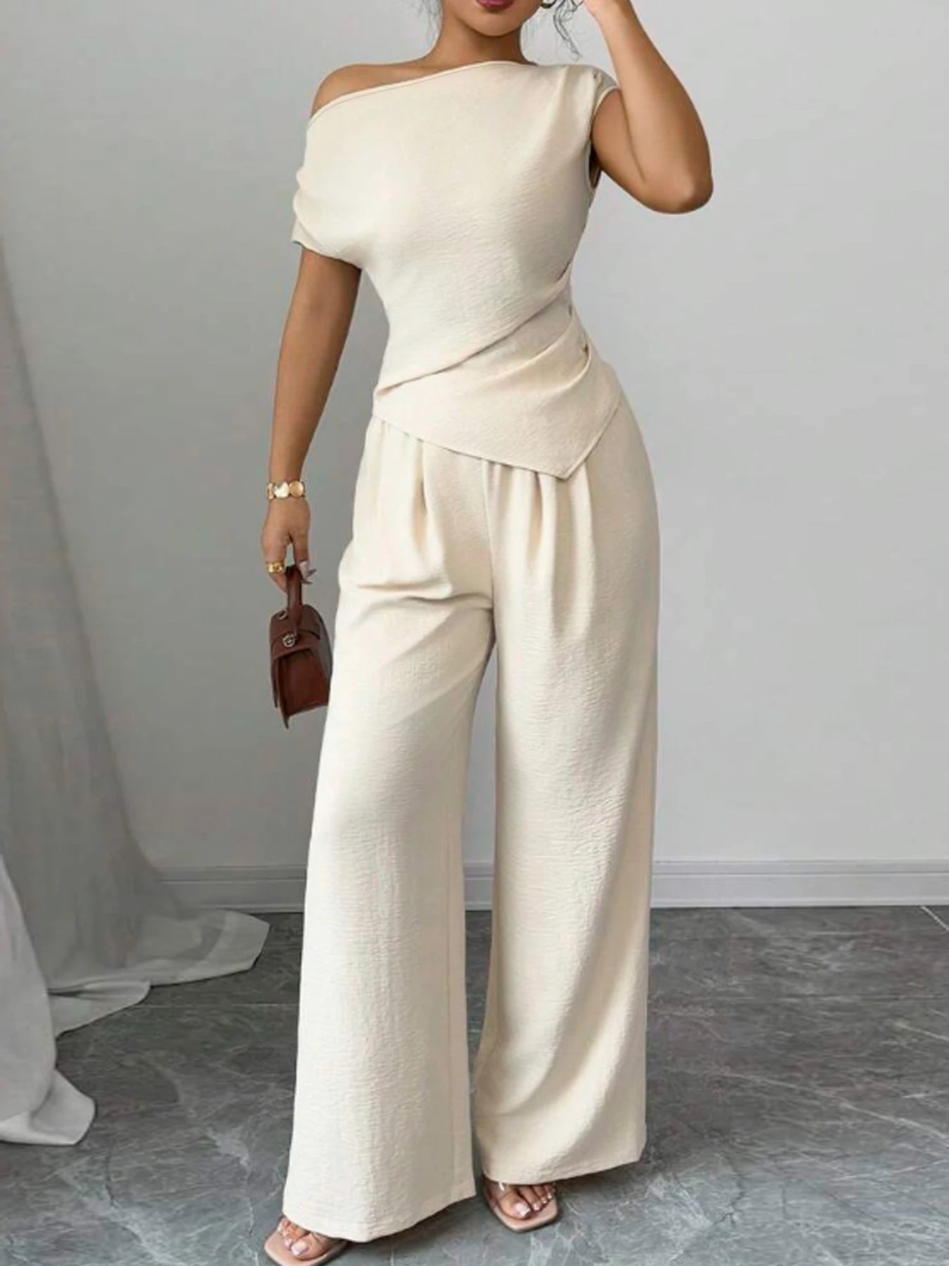 Elegant Pure Color Asymmetric Top And Wide Leg Pants 2 Piece Set